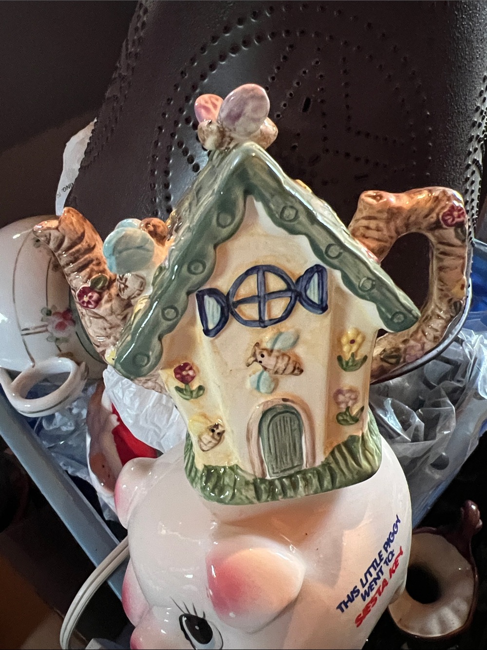 Hand-Painted Ceramic Birdhouse Teapot - Yellow & Green
